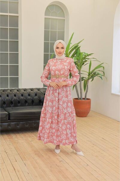 KMKkombin New Season - Dove Belted Mixed Patterned Women's Dress