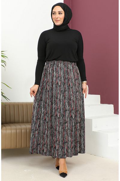 sefamerve Fusta cu imprimeu roșu Claret - Plus Size, Talie elastică, 2830C-02