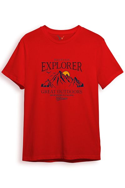 WİDİ Mountain Explorer Mountaineer Traveler-Explorer Regular Fit 100% Cotton Crew Neck Red T-Shirt