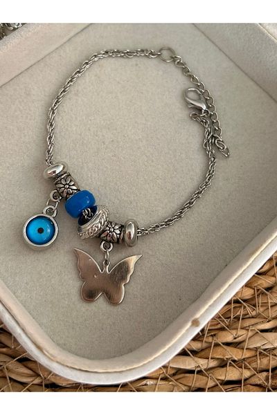Nurs Jewelry Accessories Silver Butterfly and Evil Eye Bead Steel Bracelet Charm
