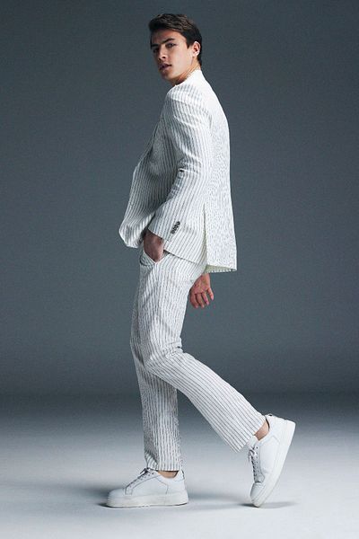 Hatemoğlu Linen Slim Fit Striped Double Breasted Suit - White