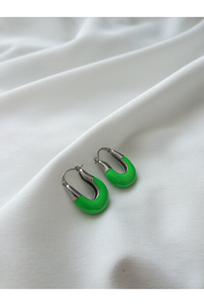 Siya Silver أقراط فضية اللون من المينا الخضراء على شكل حرف U من الفولاذ