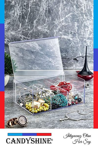 CandyShine Luxury Lid 6 Compartment Rectangular Mica Bag Tea Stand Jewelry Jewelry Organizer