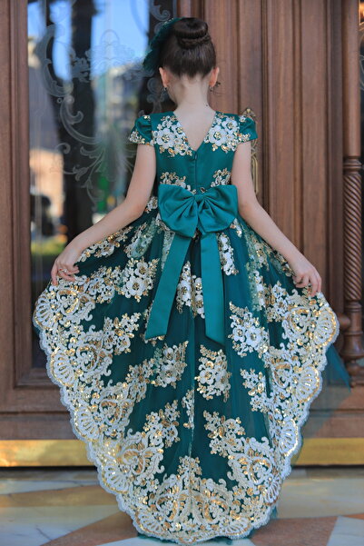 MİSS RAİN ÖNÜ KISA ARKASI UZUN ALTIN İŞLEMELİ KIZ ÇOCUK KAFTAN ABİYE ELBİSE AKSESUAR