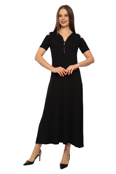 MAMAYAGA Rochie de damă, cu rever, cu fermoar, sport, elegantă, lungime maxi, viscoză, neagră