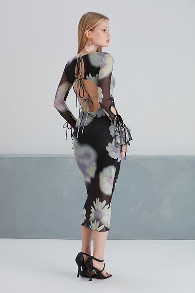 MAMAYAGA Rochie de damă, decoltată, lungă, florală, din tul, sport, elegantă, cu mâneci negre