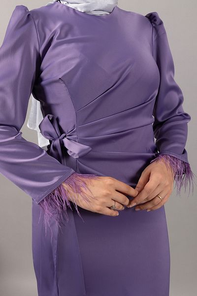 Stilife Rochie de seara din satin liliac - Maneca cu franjuri