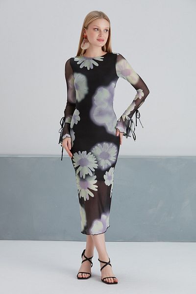 MAMAYAGA Rochie de damă, decoltată, lungă, florală, din tul, sport, elegantă, cu mâneci negre