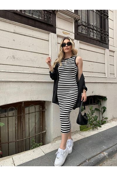MAMAYAGA Rochie sport fără mâneci cu dungi alb-negru elegantă pentru femei