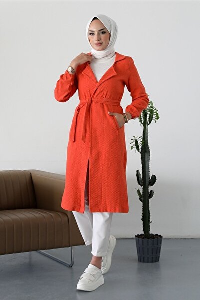 Bestenur Alçin Double Breasted Collar Belted Hijab Cardigan 365 - Orange