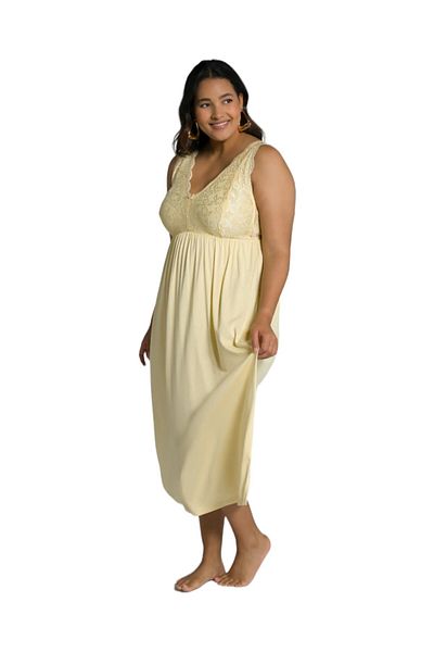 MAMAYAGA Women's Lace Detail Strappy Lemon Yellow Stylish Long Plus Size Curve Viscose Nightgown Dress
