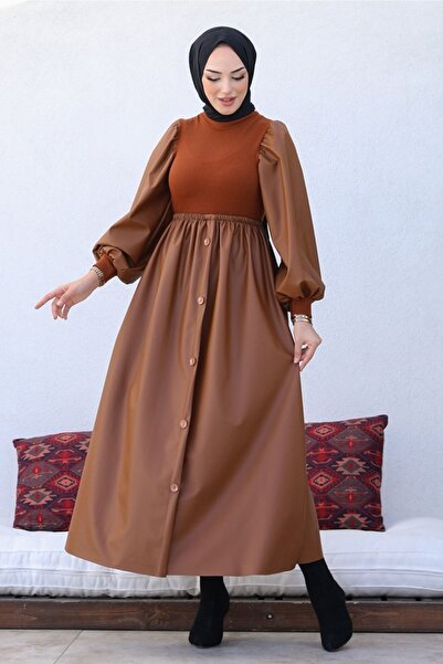 Bestenur Binay Elastic Waist Button Detail Δερμάτινο Hijab Φόρεμα 396 - Μαύρισμα