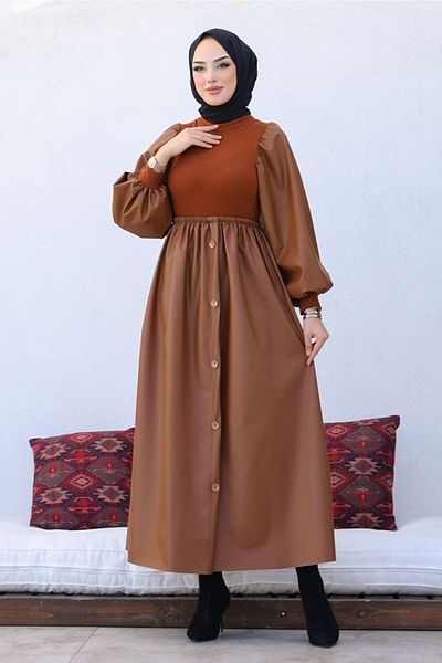 Bestenur Binay Elastic Waist Button Detail Δερμάτινο Hijab Φόρεμα 396 - Μαύρισμα