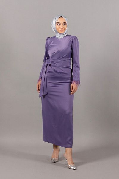 Stilife Rochie de seara din satin liliac - Maneca cu franjuri