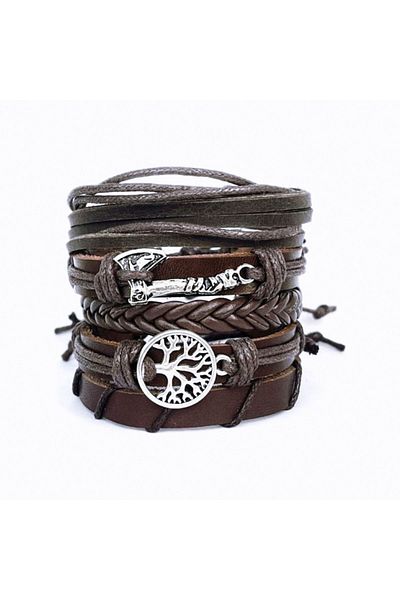 BSN Store Vking Set of 5 - Brown Bracelet with Axe and Tree of Life Figures