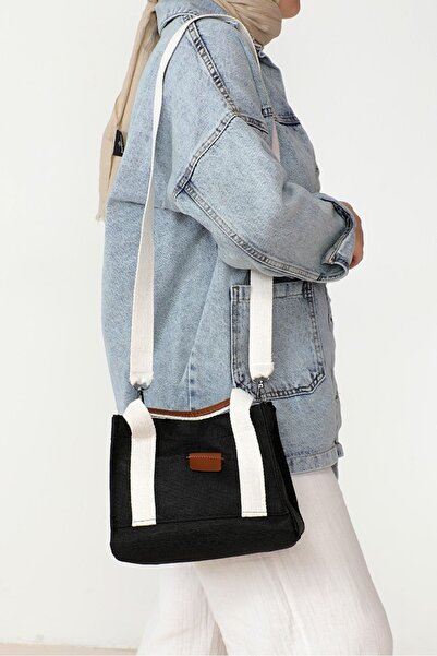 Bestenur Deri Detay Kanvas Çanta 1007 - Siyah