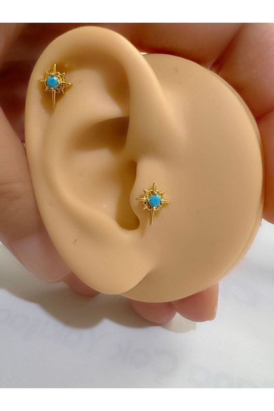 Arescollection 1 Piece Piercing Earrings with BLUE Rhinestones - Front Installation, Flat Tragus Helix, Earlobe and Cartilage Compatible