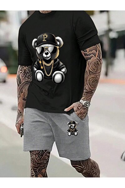 Mella&Co Męski zestaw T-shirt i spodenki - nadruk, okrągły dekolt