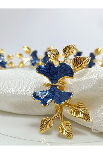 Aksesuar Set de 6 inele cu fluture albastru - șervețele inel cu detalii de frunze, email de sidef și placate cu aur