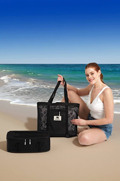 ELEPHANT ÇANTA Μαύρη σβηστή λαβή βρωμιάς - Τσάντα παραλίας με τσέπες και θερμός