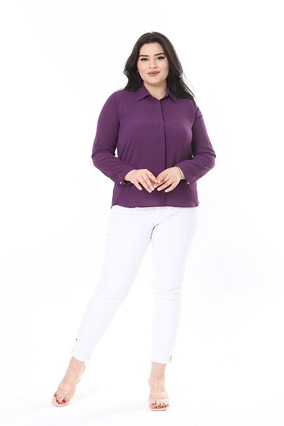 Şans Fioletowa damska bluzka plus size z ukrytą plisą – guzik z przodu 65N38019
