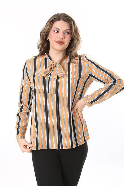 Şans Yellow Striped - Large Size Blouse with Scarf Tie 65N38018