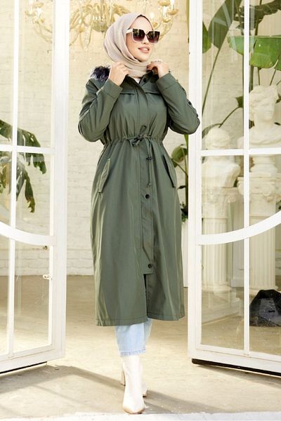 Bestenur Παλτό Hijab με κρυφό φερμουάρ και ζώνη τούνελ 403 - Χακί