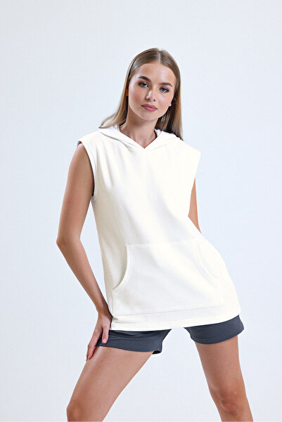 pulur.co 100% Cotton Cream Sleeveless Hooded Sports Tank Top
