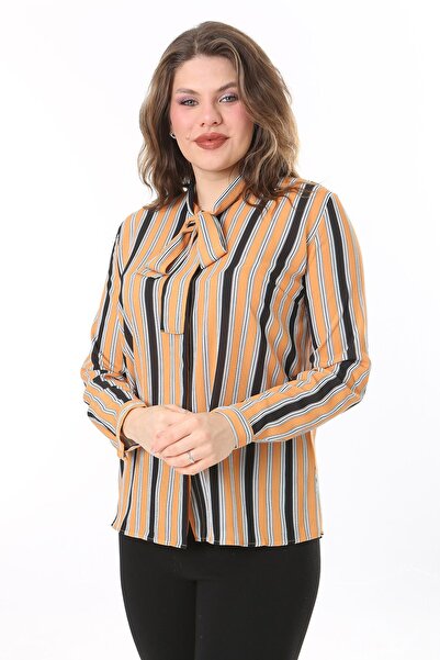 Şans Κίτρινη ριγέ - Μπλούζα μεγάλου μεγέθους με γραβάτα κασκόλ 65N38018