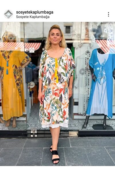 Sosyete Kaplumbağa فستان ميدي قطني فوال أصلي بنمط أوراق استوائية باللون الأبي...