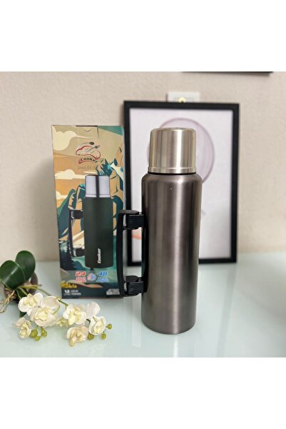 hinezahome Cooker Büyük Boy Çelik Termos 1.5 Lt Birinci Kalite | Dağcı Termos | Kulplu Tutmalı - Metalik Gri