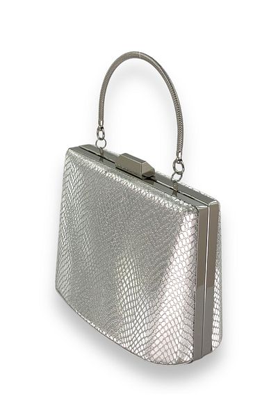 Biçanta Geantă de seară din metal de dimensiuni mari, de culoare gri, cu model cu laser - cu mâner și curea cu lanț