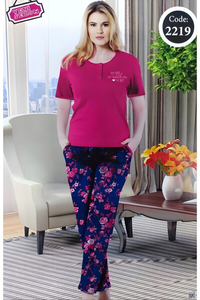 Mefa tekstil Floral Patterned Cotton Pajamas Set - Short Sleeve, Three Buttons