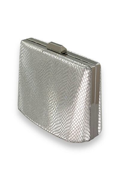 Biçanta Μεταλλική βραδινή τσάντα μεγάλου μεγέθους με μοτίβο λέιζερ σε γκρι λαμέ χρώμα - λουράκι αλυσίδας λαβής