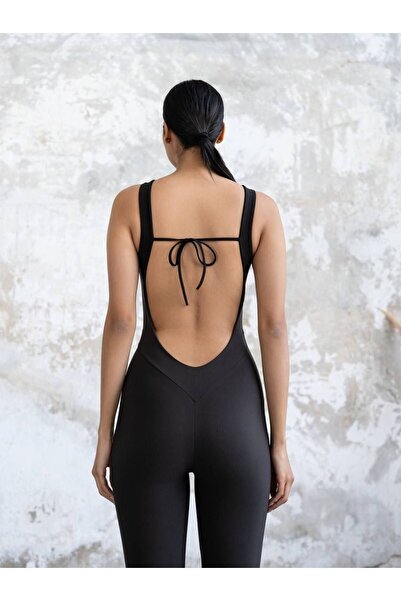 lismina Siyah Derin Sırt Dekolteli Spor Tayt Tulum
