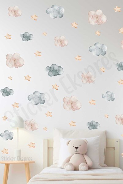 Sticker Ekspres Suluboya Bulut Ve Yıldız Çocuk Odası Duvar Sticker Seti