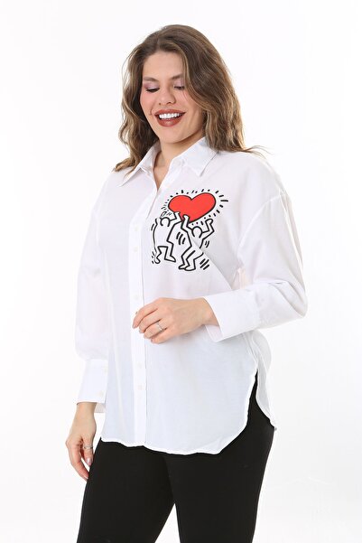 Şans Női nagy méretű fehér elöl gombnyomásos nyomott ing 65n38021