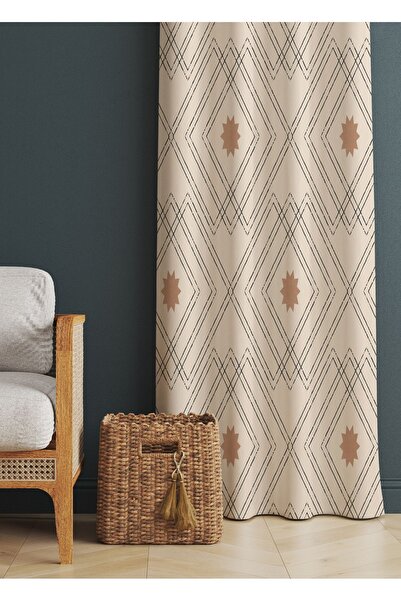 ALAMODECOR Çizgili Krem Ve Sütlü Kahve Rengi Etnik Desenli Baskılı Fon Perde ...