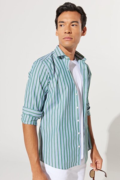 AC&Co / Altınyıldız Classics Men's Green-Navy Slim Fit Slim Fit Small Italian Collar 100% Cotton Striped Shirt