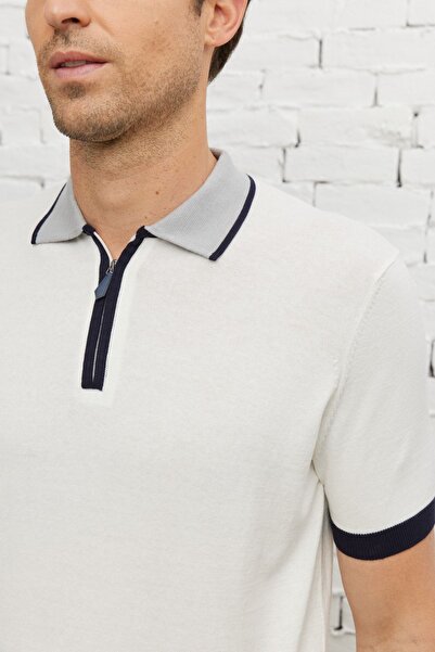 ALTINYILDIZ CLASSICS Men's Ecru Standard Fit Regular Cut Polo Neck 100% Cotton Short Sleeve Knitwear T-Shirt