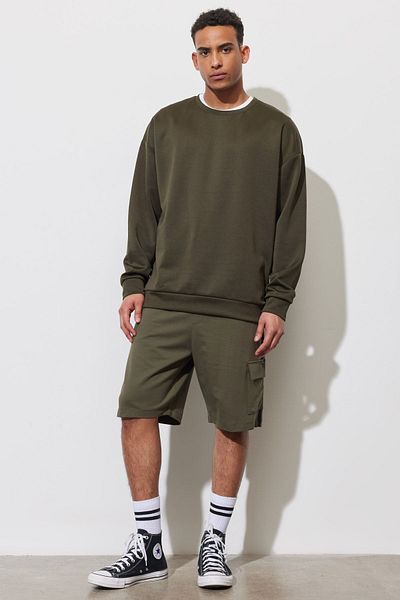 AC&Co / Altınyıldız Classics Ανδρικό φούτερ χακί Oversize Loose Cut Crew Neck απλό φούτερ