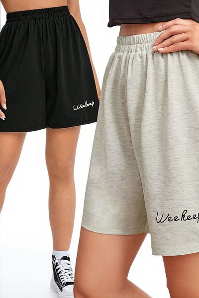 Mythologie Set de pantaloni scurți din 2 piese Weekeep - Imprimați negru gri, tricotat cu buzunar cu talie înaltă Femei