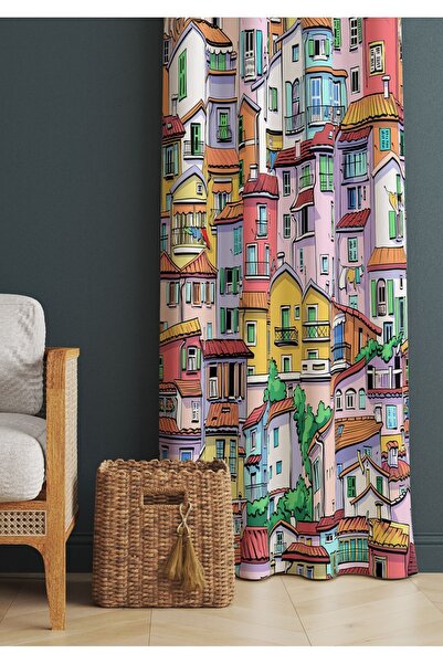 ALAMODECOR Çok Renkli Iskandinav Evler Etnik Desenli Baskılı Fon Perde (TEK K...