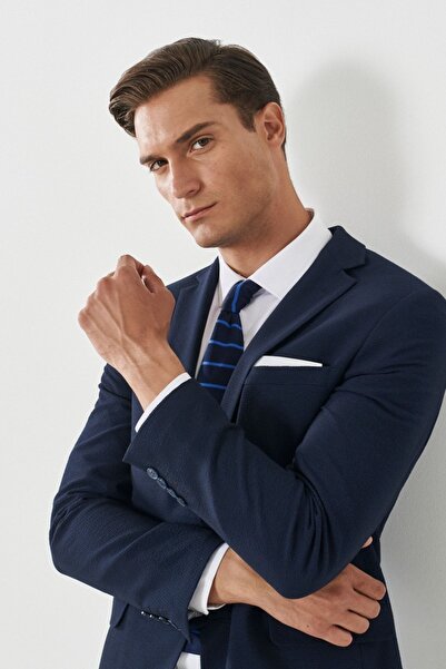 ALTINYILDIZ CLASSICS Erkek Lacivert Slim Fit Dar Kesim Mono Yaka Armürlü Lacivert Takım Elbise