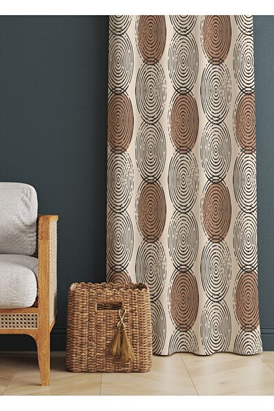 ALAMODECOR Krem Ve Kahverengi Renk Geometrik Yuvarlak Etnik Desenli Baskılı F...