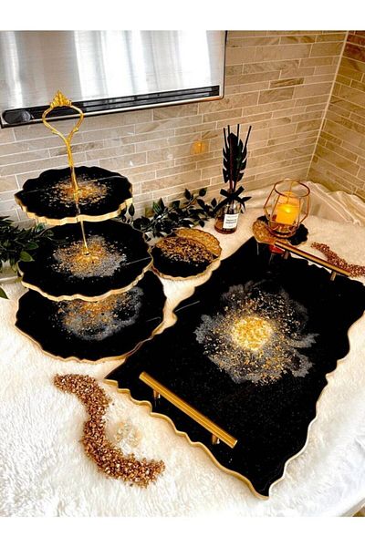 Sultan Tasarım Epoxy Beauty Dowry Set Coasters Presentation Three-Tier Cookie Holder Tray Set