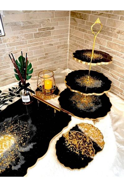 Sultan Tasarım Epoxy Beauty Dowry Set Coasters Presentation Three-Tier Cookie Holder Tray Set