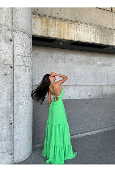 Genel Markalar Askılı Maxi Boy Keten Elbise