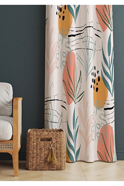 ALAMODECOR Yaprak Desenli Turuncu Ve Toz Pembe Renkli Oturma Odası & Salon Fo...