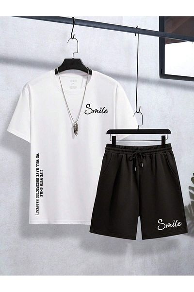Mythologie Smile Printed T-Shirt και σορτς - Λευκό Μαύρο Oversize Σετ με λαιμόκοψη